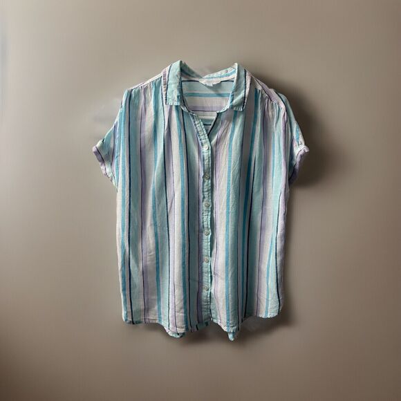 Coastal Tops - Time & Tru Linen Shirt Womens Large Blue Striped Coastal Cuffed Short Sleeve
